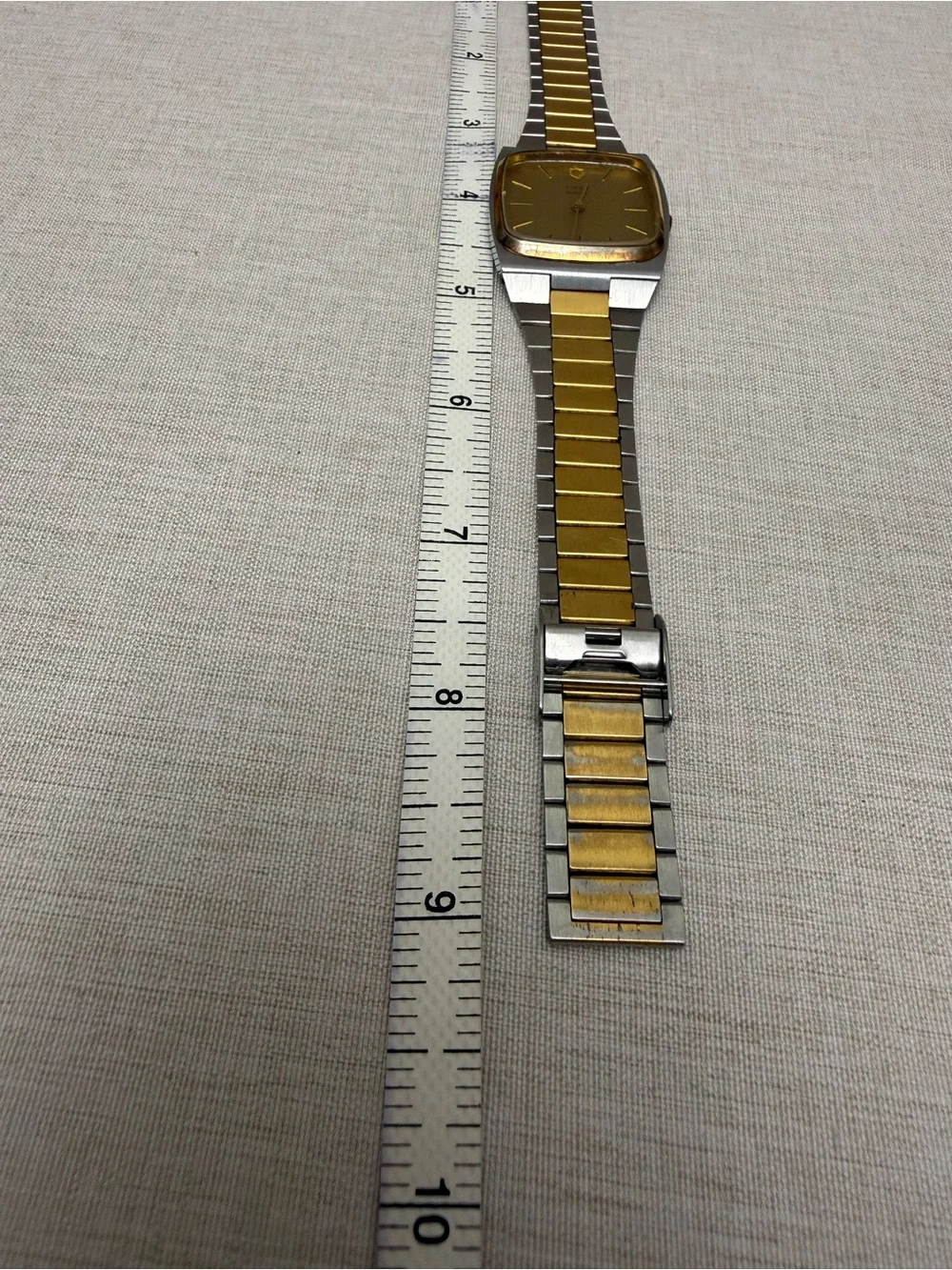 Vintage 1980s Timex Q Quartz M-Cell Two Tone Watch Gold Dial Cushion Case